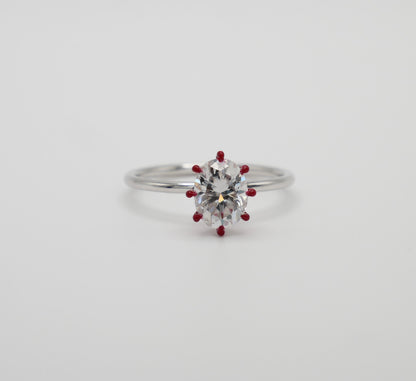 Oval Moissanite Ring with Red Enameled Claw Prongs in Red Gold - Unique Engagement Ring, 14K Gold, view 2