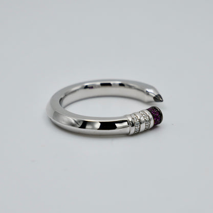 Platinum Pencil Ring With Baguette Moissanites and Pink Lab Rubies, view 2