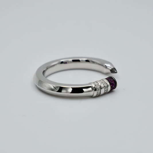 Platinum Pencil Ring With Baguette Moissanites and Pink Lab Rubies, view 2
