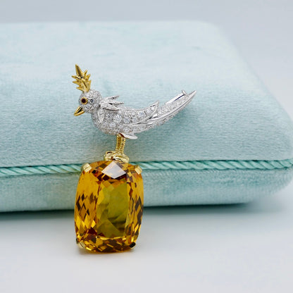 Bird Brooch with Elongated Cushion Citrine and Moissanites, 18K Gold Filled, view 5