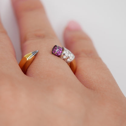 Pencil Ring with Moissanites and Lab Rubies, 18K Gold Filled, view 6