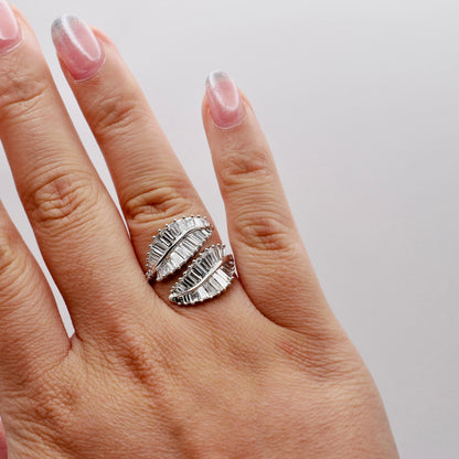 Double palm leaf ring with baguette lab diamonds in 18K white gold, view 9