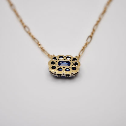 Lab Sapphire Gold Trombone Chain Necklace, 18K Gold, view 4