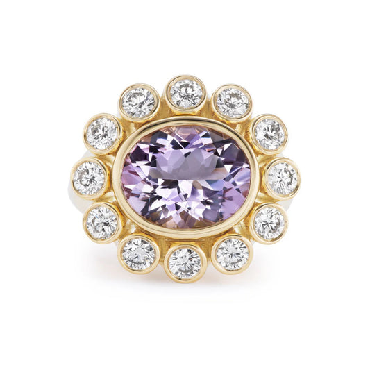 Amethyst Lab Diamond Cluster Ring in 18K Yellow Gold | Bezel Set Engagement Ring | Victorian Style | Jessica McCormack style | Fred Leighton inspired | Zendaya engagement ring style | Zoe Kravitz jewelry | Georgian Victorian antique inspired jewelry | by Disco Marshmallow | Brent Neale style | cluster ring | two stone ring