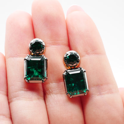 Georgian Collet Set Round and Emerald Cut Zambian Emerald Stud Earrings, view 8