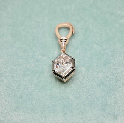 Georgian Victorian Ball Chain Hexagon Lab Diamond or Moissanite Pendant, 18K Gold, view 2