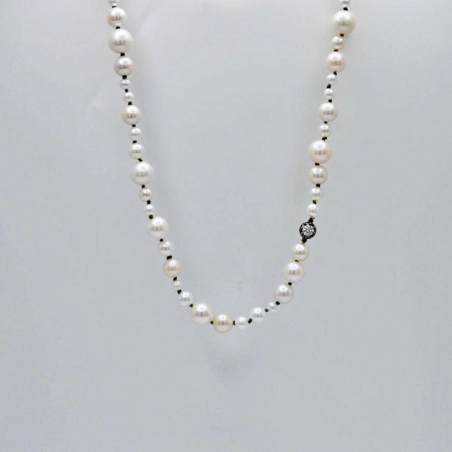 Graduated Freshwater Pearl Necklace with Georgian Set Lab Diamond on Silk Cord