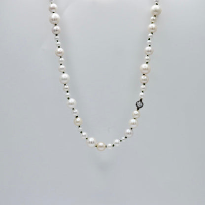 Graduated Freshwater Pearl Necklace with Georgian Set Lab Diamond on Silk Cord
