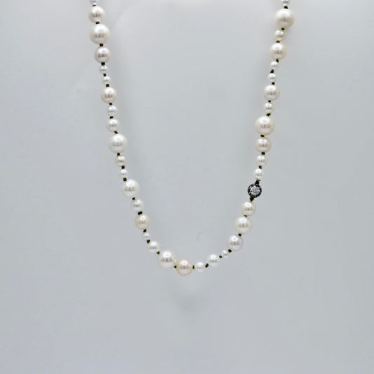 Graduated Freshwater Pearl Necklace with Georgian Set Lab Diamond on Silk Cord, 16 Inch