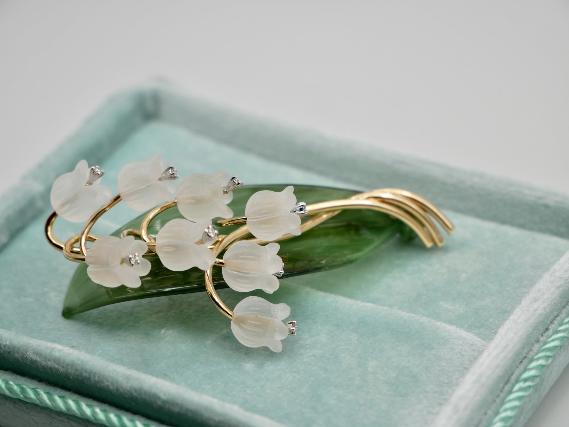 1stdibs - lily of the valley brooch - nephrite - rock crystal - diamonds - antique lily of the valley