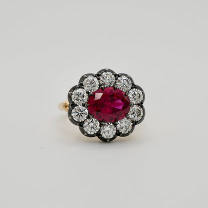 Lab Ruby and Diamond Cluster Ring in Georgian Collet Setting, view 7