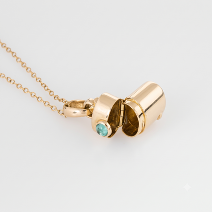 Vintage Style Pill Box Pendant Necklace with Green Tourmaline in 14K or 18K Gold