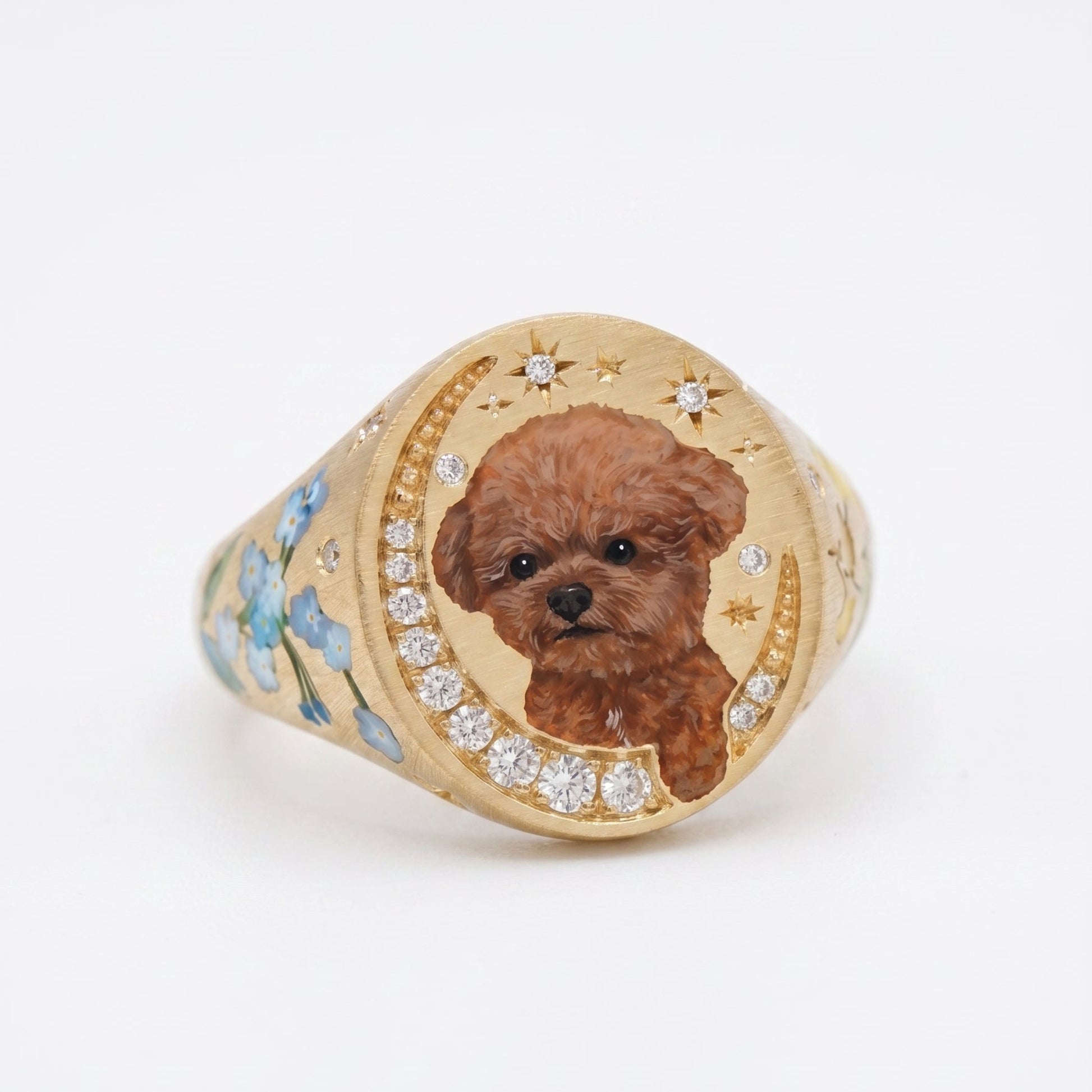 Custom pet portrait signet ring, hand painted enamel in solid gold