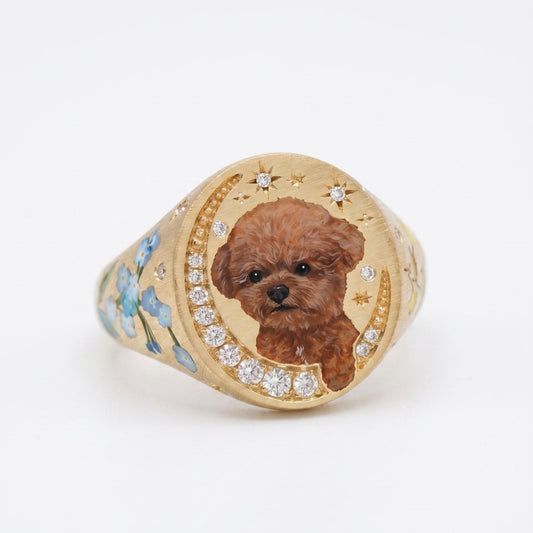 Custom pet portrait signet ring, hand painted enamel in solid gold