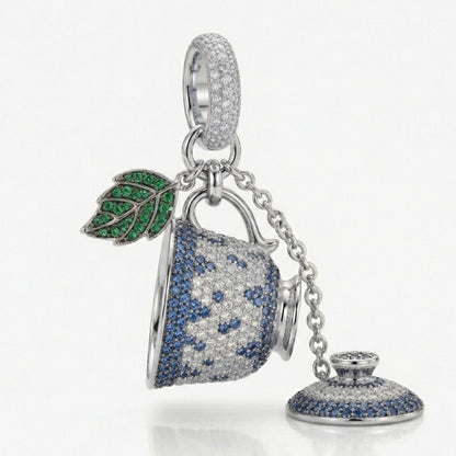 Teacup Pendant Charm Pavé Moissanite Lab Sapphire Emerald