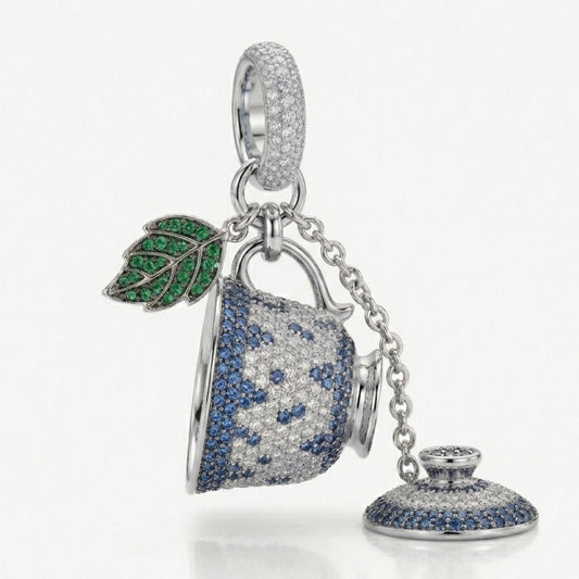 Teacup Pendant Charm 3D Pavé Moissanite Lab Sapphire Emerald 18K White Gold, Blue White China Tea Cup Charm, Whimsical Food Jewelry Gift
