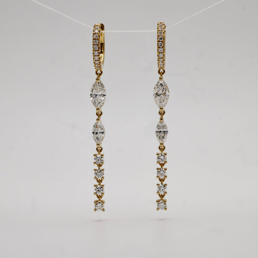 18K Yellow Gold Lab Diamond Marquise and Round Cut Drop Huggies