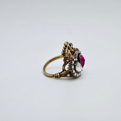 Georgian Crowned Twin Heart Ring with Rose Cut Lab Ruby and Moissanite, view 3