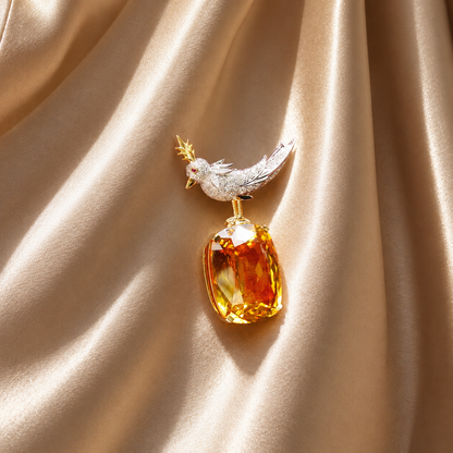 Bird Brooch with Elongated Cushion Citrine and Moissanites, 18K Gold Filled, view 12