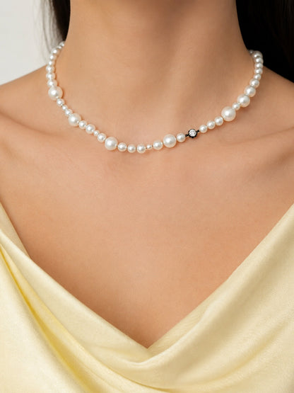 Graduated Freshwater Pearl Necklace with Georgian Set Lab Diamond on Silk Cord, 14K Gold, view 7