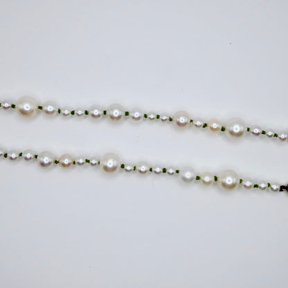 Graduated Freshwater Pearl Necklace with Georgian Set Lab Diamond on Silk Cord, 14K Gold, Ready to Ship