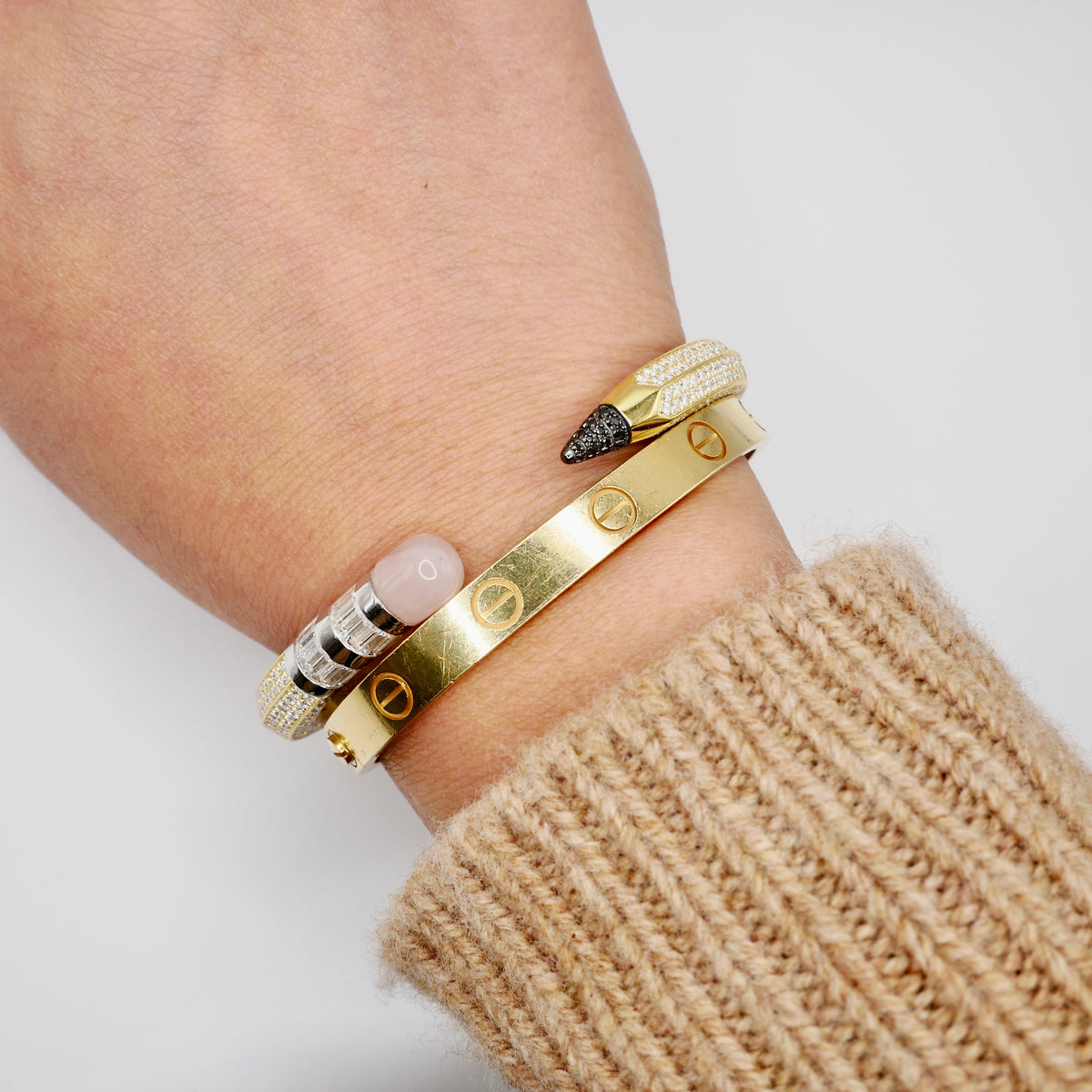 Pave Pencil Bangle with Moissanite and Pink Nephrite