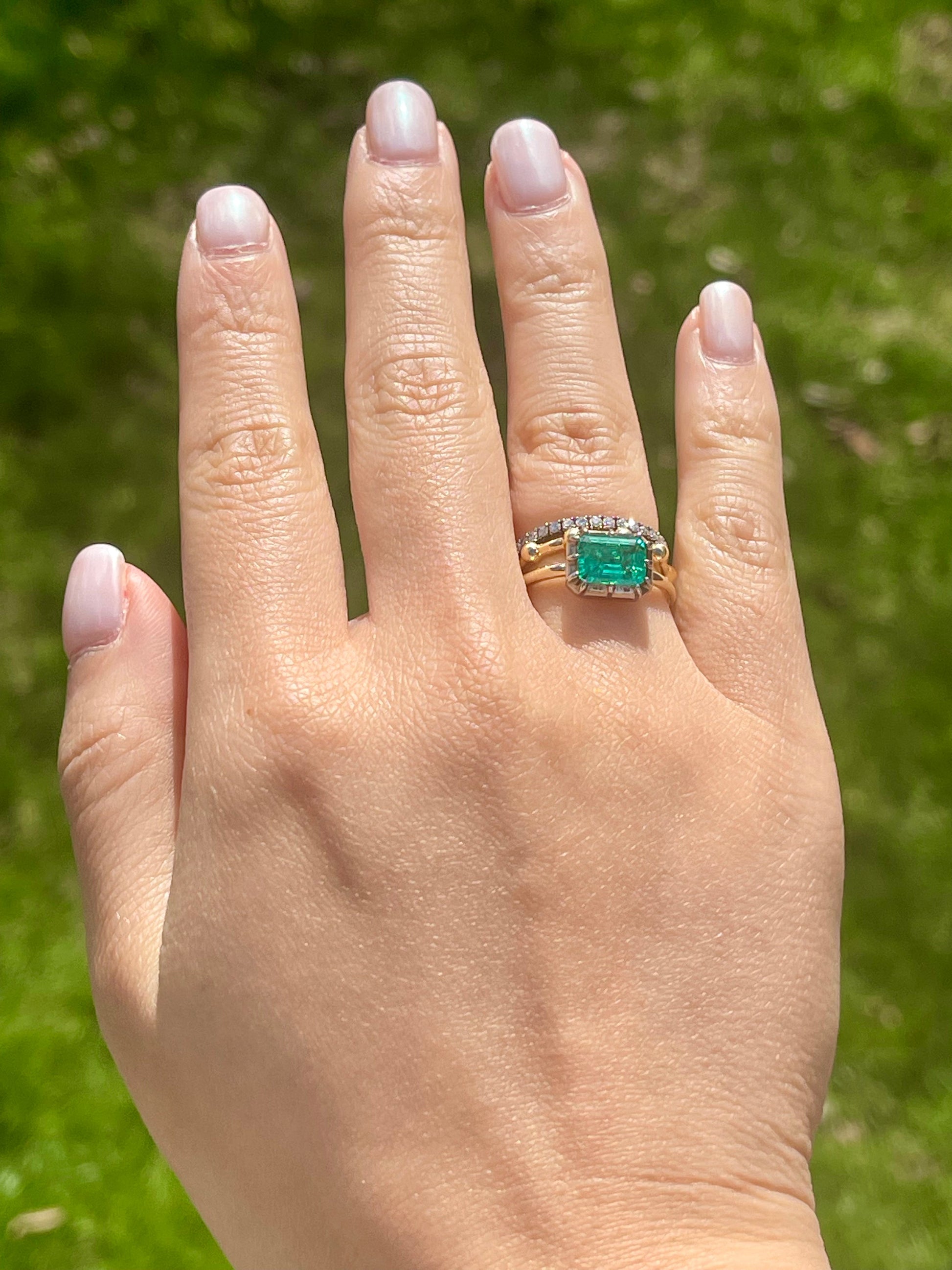 Georgian Victorian Emerald Cut Emerald Button Back Collet Ring, view 11
