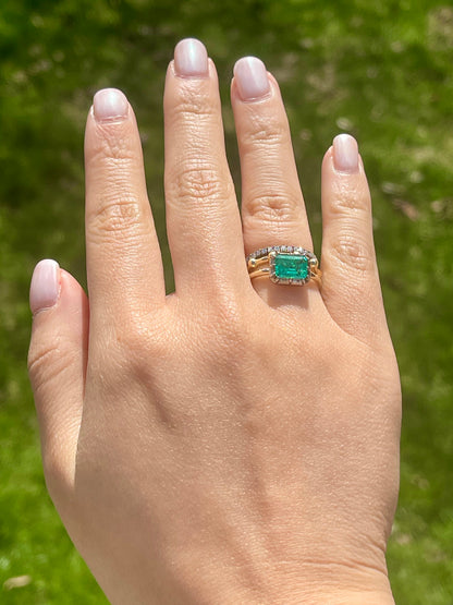 Georgian Victorian Emerald Cut Emerald Button Back Collet Ring, view 11