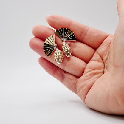 Art Deco Fan Drop Earrings, 14K or 18K Gold and Moissanite