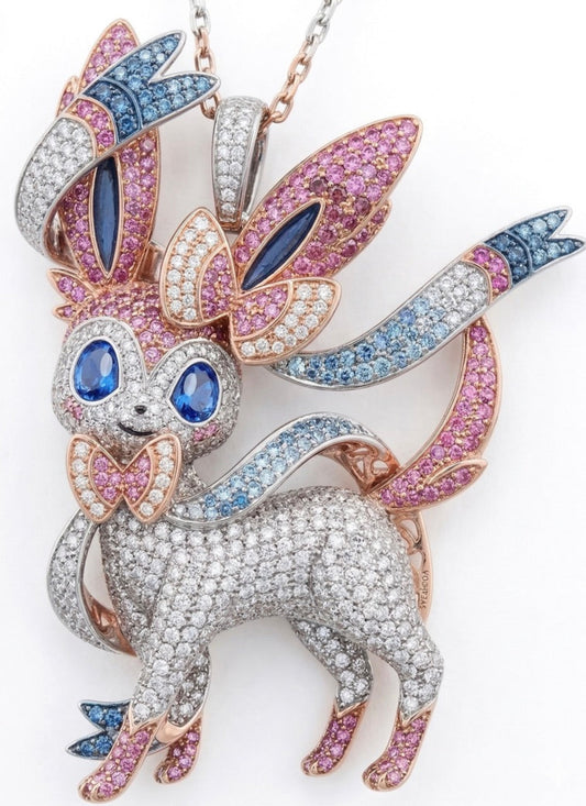 Sylveon Pokemon Pendant Necklace 3D Moissanite Gemstone Charm, 18K Gold Fairy Type Eevee Evolution Jewelry, Anime Gamer Gift