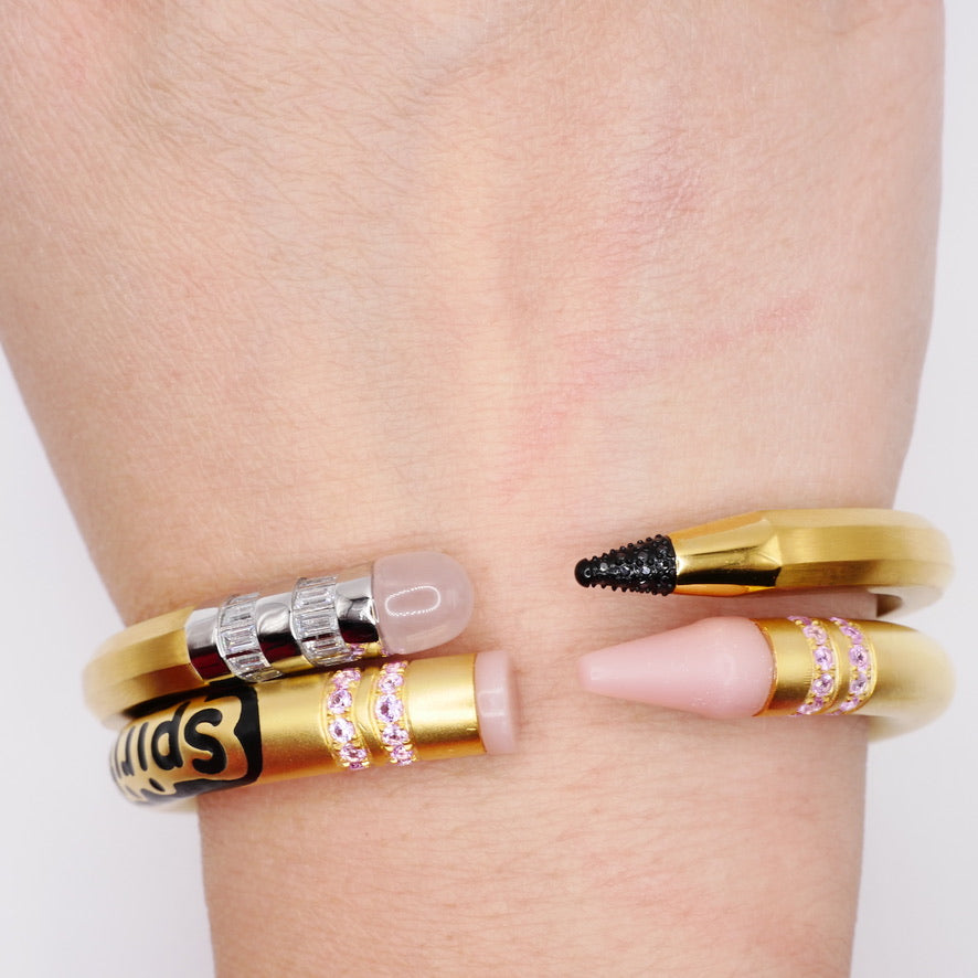 Customizable Crayon Bracelet in 18K Gold Filled with Pink Coral and Pink Moissanites | Nadine Ghosn style | Drake jewelry | Justin Bieber jewelry | Beyonce jewelry | novelty fun fine jewelry | by Disco Marshmallow