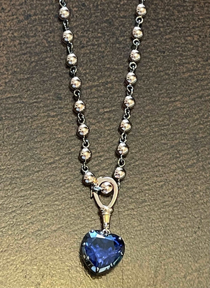 Georgian Victorian Ball Chain Heart Sapphire Pendant, 18K Gold, view 4