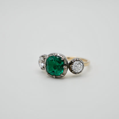 Cushion Emerald and Lab Diamond Georgian Victorian Collet Button Back Trilogy Ring, view 2