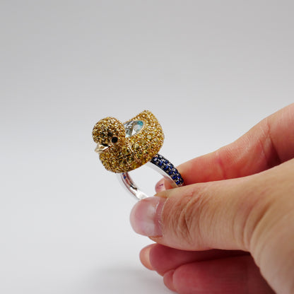 Aquamarine with Blue Sapphires Large Duckie Ring, 18K Gold