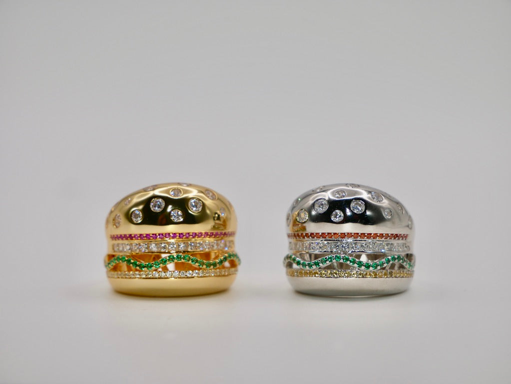 veggie burger ring, hamburger ring, gold filled burger ring, nadine ghosn, drake