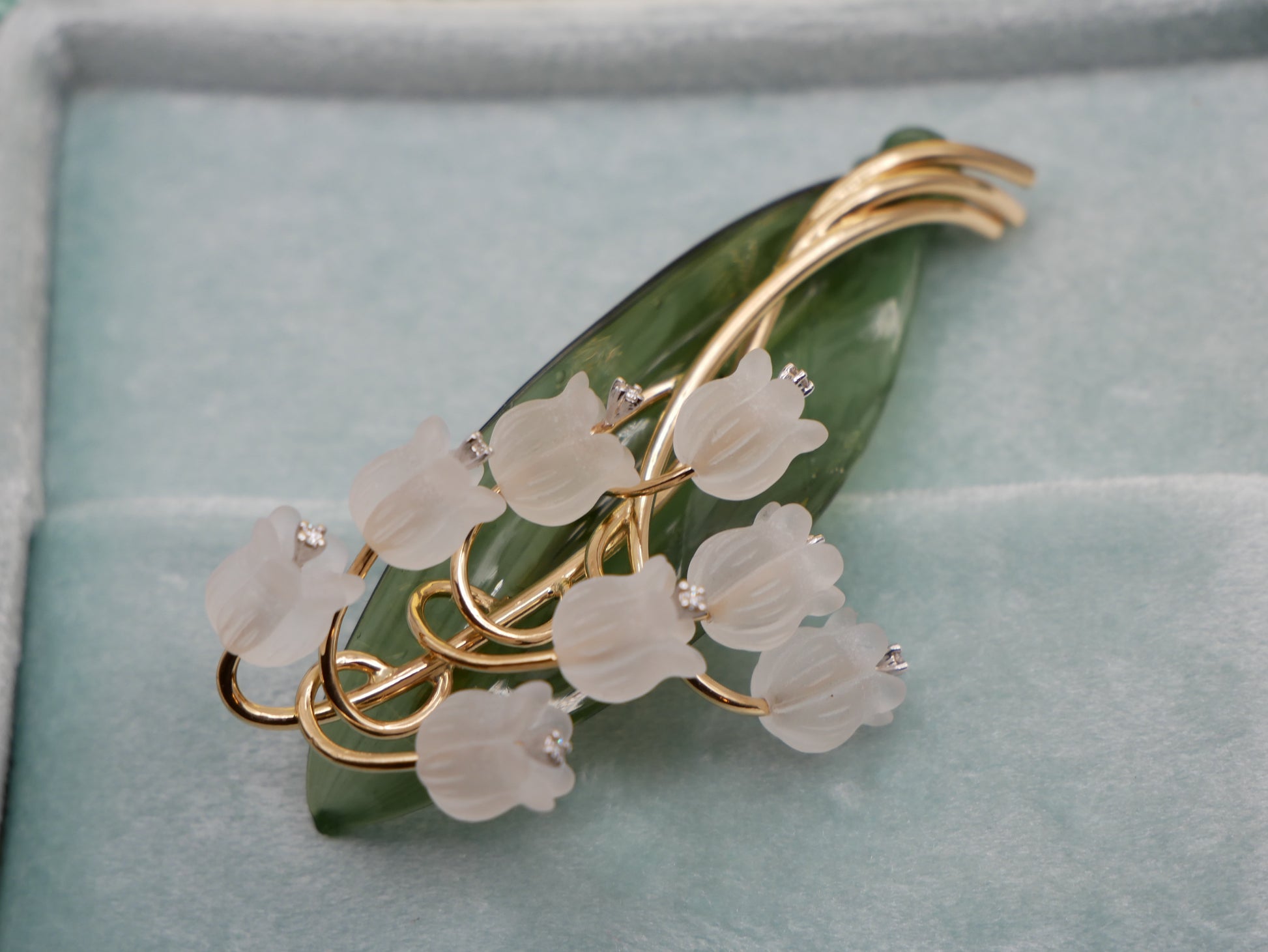 1stdibs - lily of the valley brooch - nephrite - rock crystal - diamonds - antique lily of the valley