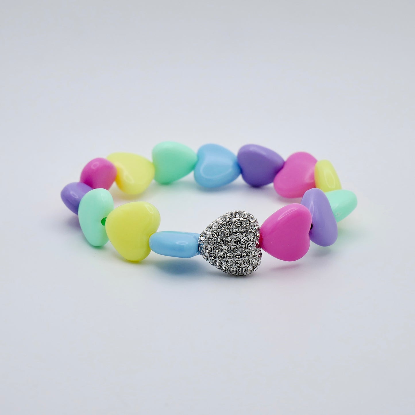 Pastel Heart Bead Stretch Bracelet with Heart Bead, 18K Gold Filled with Pave Moissanites, Ready to Ship