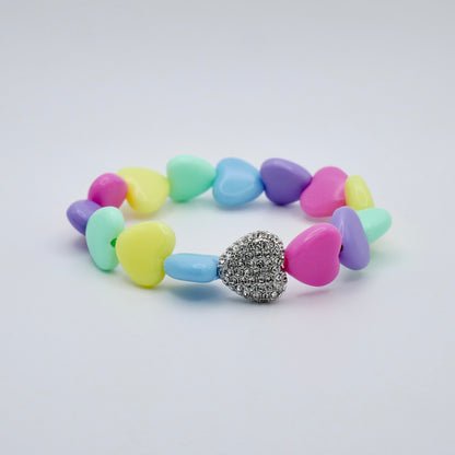 Pastel Heart Bead Stretch Bracelet with Heart Bead, 18K Gold Filled with Pave Moissanites, Ready to Ship
