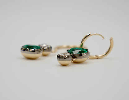 Oval Emerald and Round Moissanite Georgian Victorian Mismatched or Gold Hoop Earrings, view 2