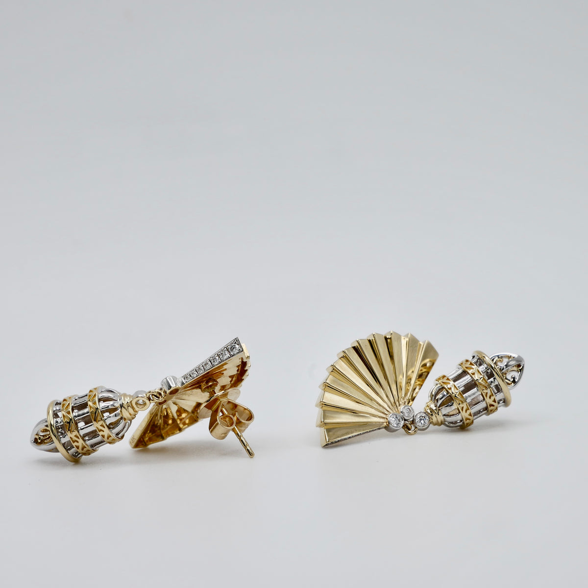 Art Deco Fan Drop Earrings, 14K or 18K Gold and Moissanite