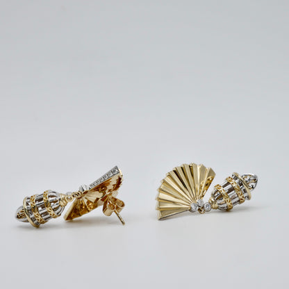 Art Deco Fan Drop Earrings, 14K or 18K Gold and Moissanite