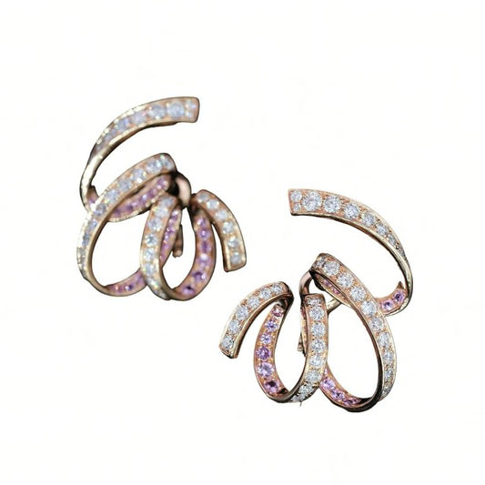 Diamond and Pink Sapphire Ribbon Loop Studs, 18K Gold, view 2