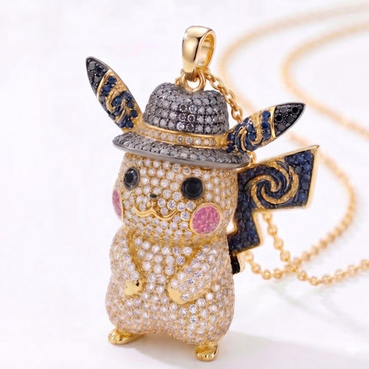 Pikachu Pendant with Moissanites and Starry Night Detailing in 14K or 18K Gold