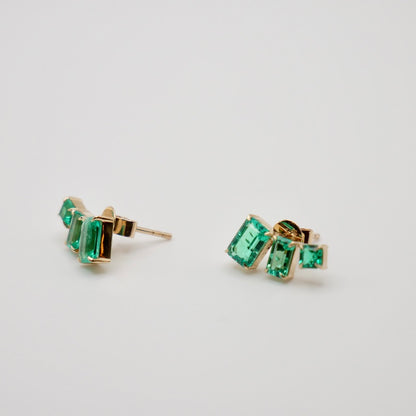 Emerald-Cut Lab Emerald Climber Earrings, 14K Gold, view 4