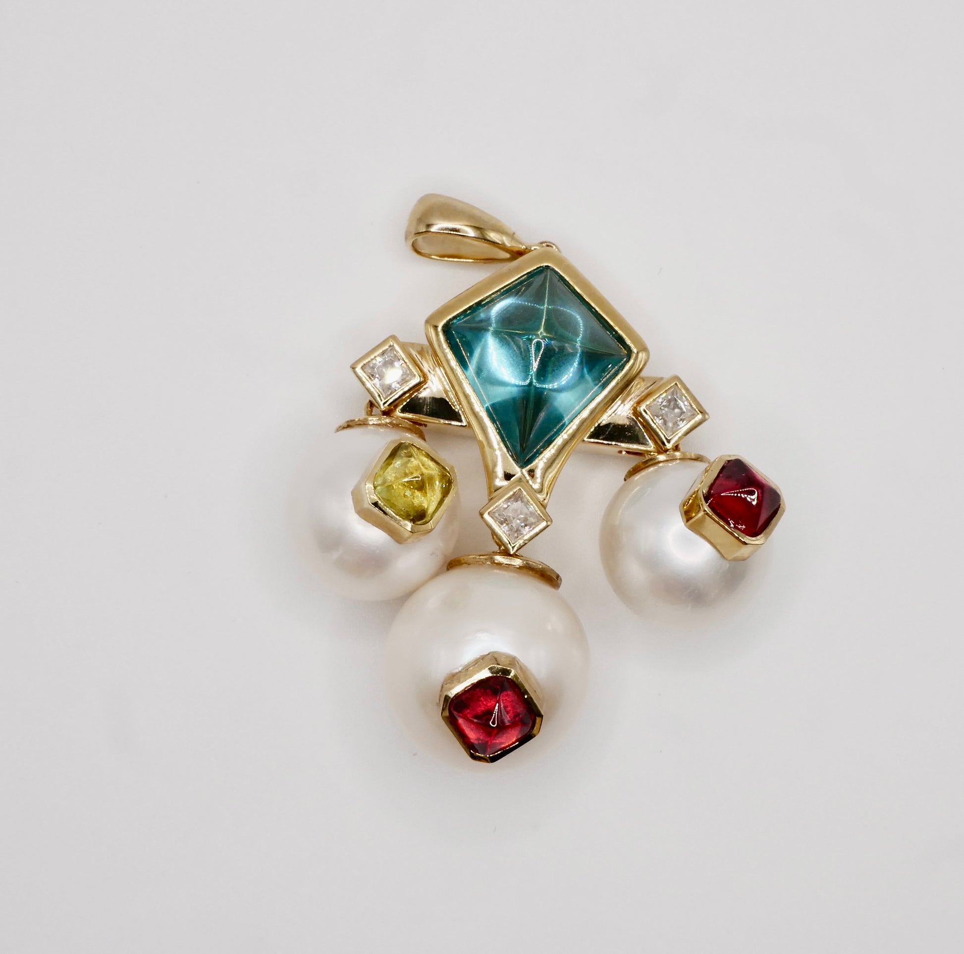 Art Deco Geometric Pearl and Multi-Gemstone Cabochon, 9K Yellow Gold Statement Pendant | by Disco Marshmallow