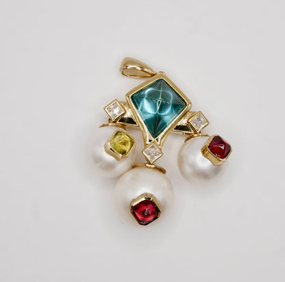 Art Deco Geometric Pearl and Multi-Gemstone Cabochon, 9K Gold, view 4