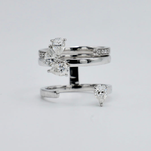 14K White Gold Stacking Ring Set | Pear Lab Diamond Double Band & Triple Cluster Ring | Customizable Fine Jewelry