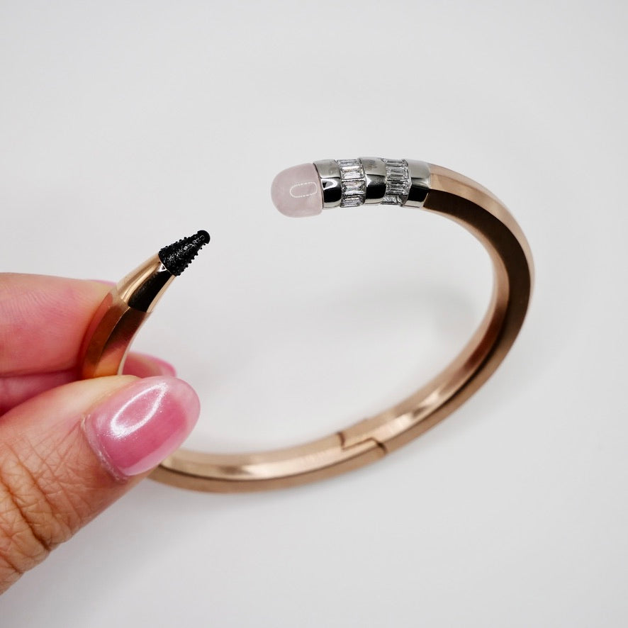 Pencil Bangle with Moissanite and Pink Nephrite, 18K Gold Filled, Ready to Ship