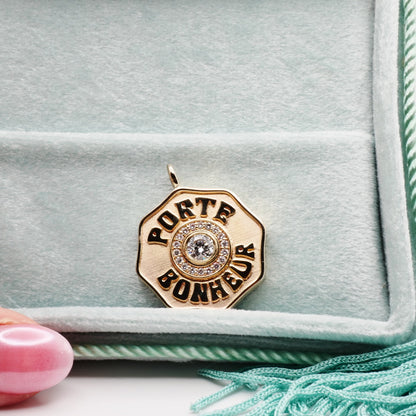Porte Bonheur Double-Sided Lucky Charm Pendant with Lab Diamonds, 14K Gold, view 3