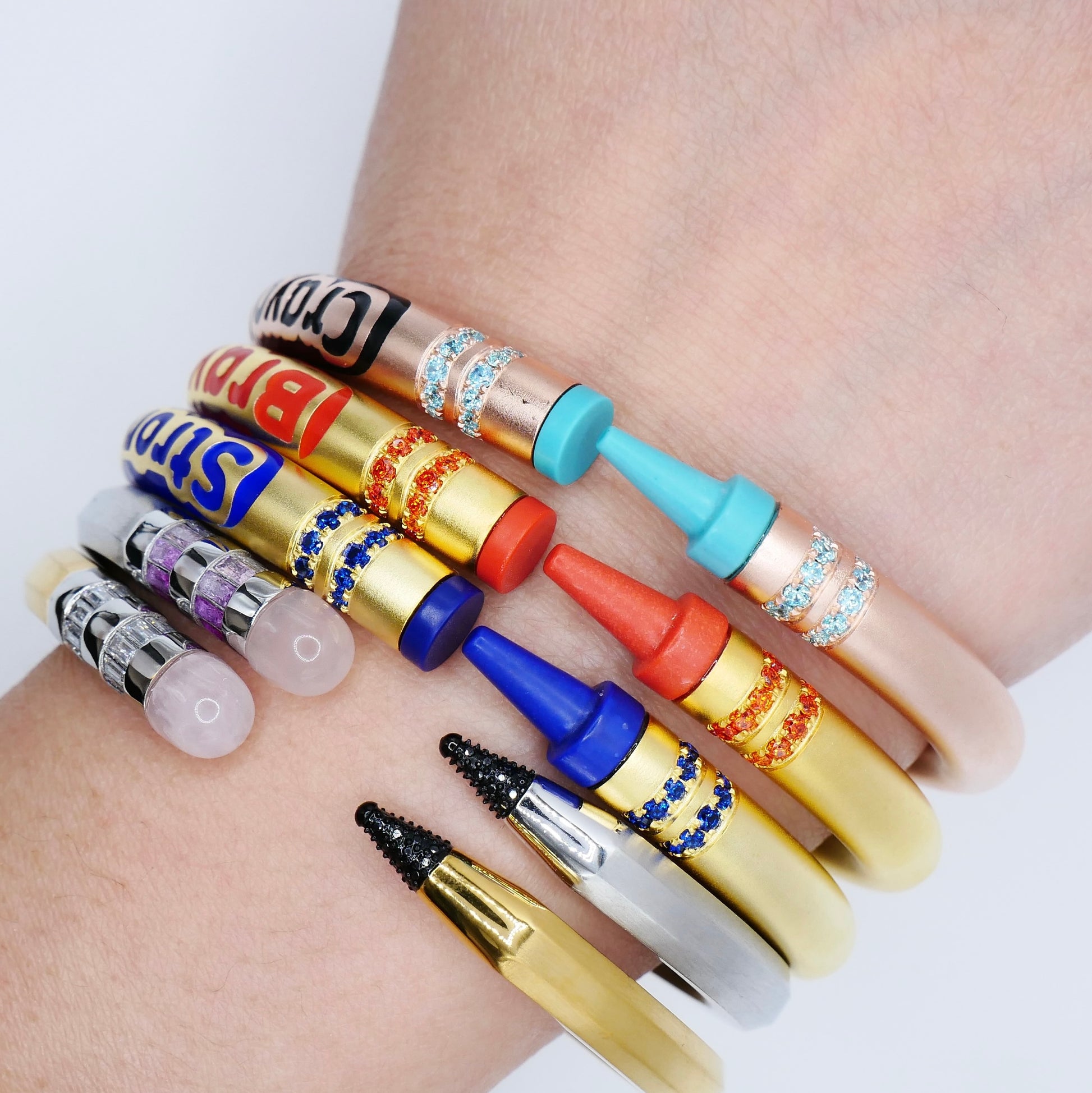 Customizable Crayon Bracelet in 18K Gold Filled with Orange Coral and Orange Moissanites | Nadine Ghosn style | Drake jewelry | Justin Bieber jewelry | Beyonce jewelry | novelty fun fine jewelry | by Disco Marshmallow